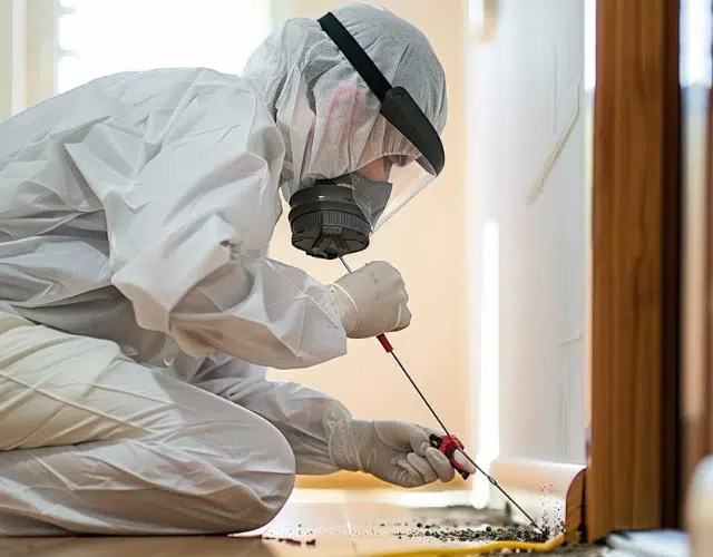 A pest control expert inspection a wall for termites.